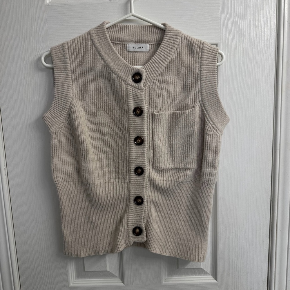 Mulaya Taupe Ribbed Knit Button-Up Sweater Vest XS Quiet Luxury Academia Top